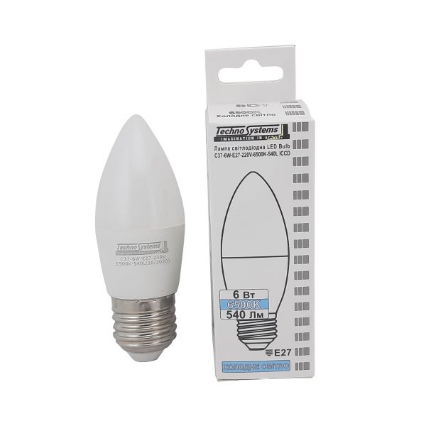 Лампа светодиодная LED Bulb-C37-6W-E27-220V-6500K-540L ICCD (свеча) TNSy