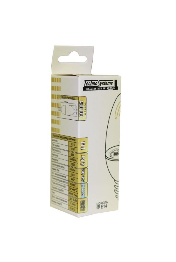 Лампа світлодіодна LED Bulb-C37-6W-E14-220V-6500K-630L GOLDEN TNSy
