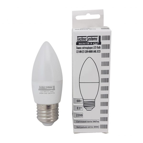 Лампа светодиодная LED Bulb-C37-6W-E27-220V-4000K-540L ICCD (свеча) TNSy
