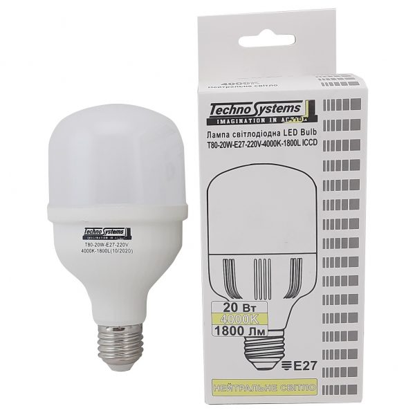 Лампа светодиодная LED Bulb-T80-20W-E27-220V-4000K-1800L ICCD TNSy